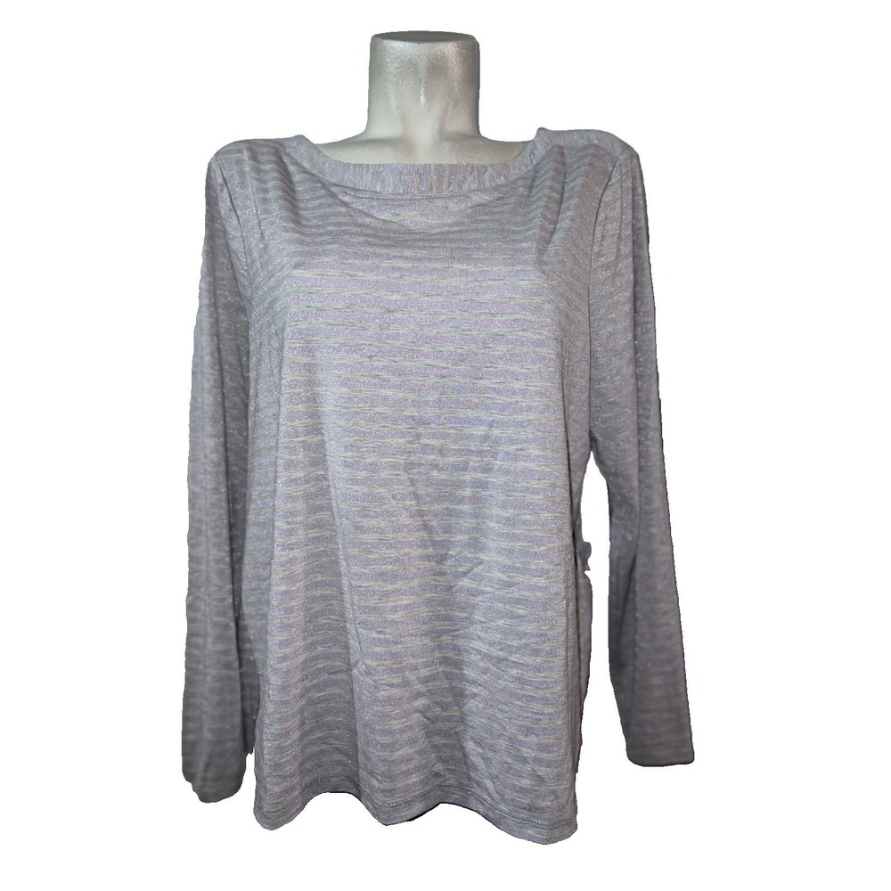 Chicos Lavender Silver Metallic Striped Boat Neck Long Sleeve Knit Top Size 3 XL